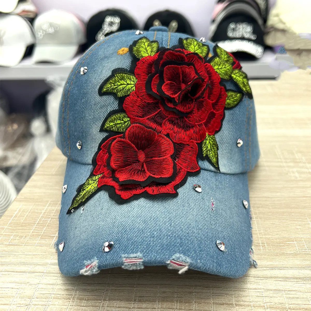 Women's Blue Denim Baseball Cap with Red Rose Embroidery - Image 5