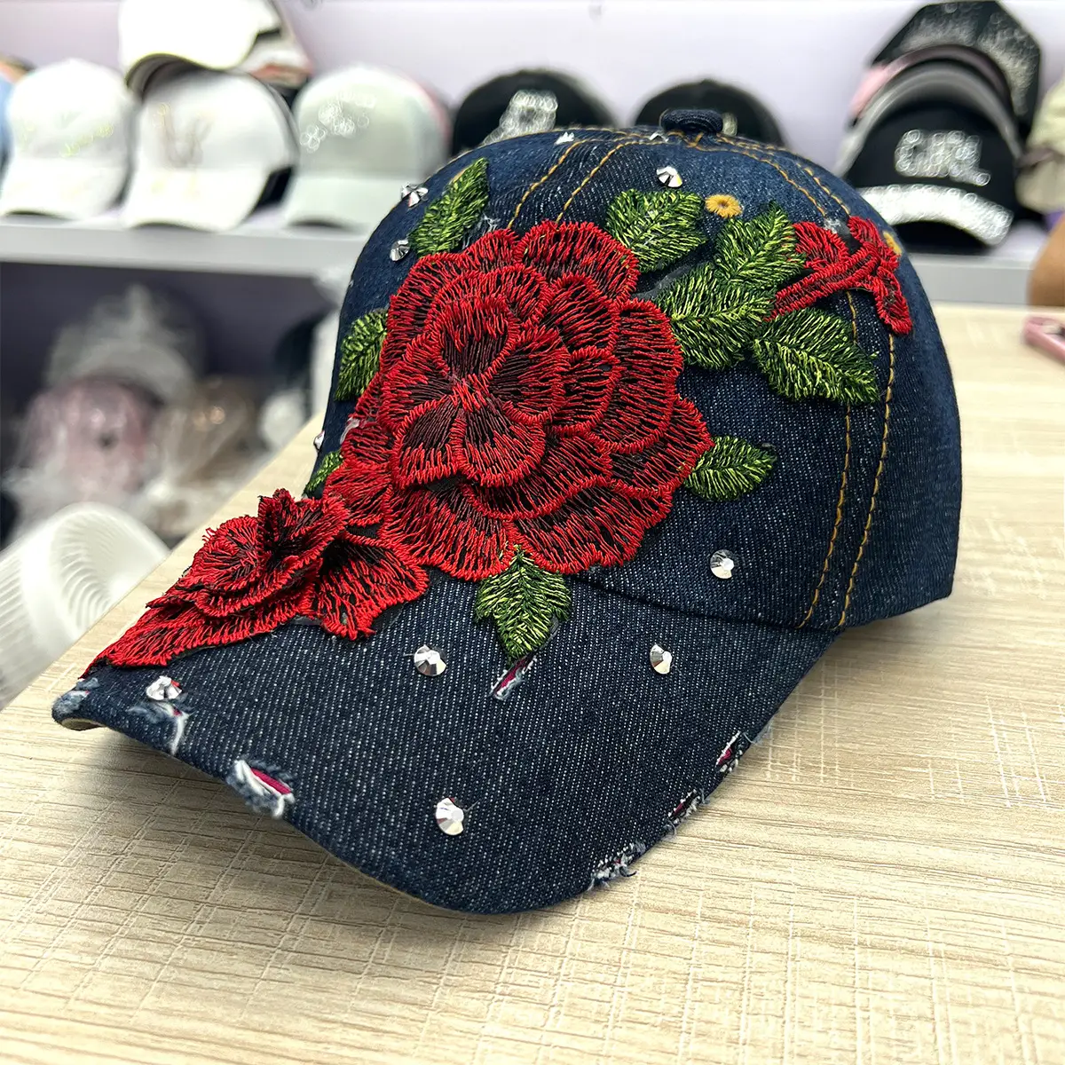 Women's Blue Denim Baseball Cap with Red Rose Embroidery — feature 1