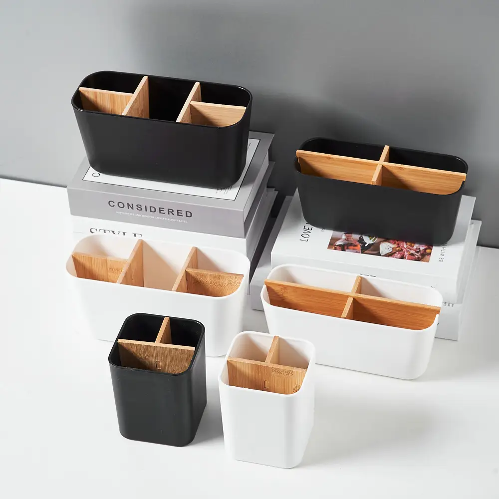 Removable Bamboo & Wood Pen Holder 9x9x11cm White
