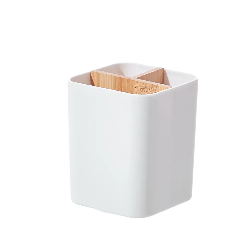 Removable Bamboo & Wood Pen Holder 9x9x11cm White