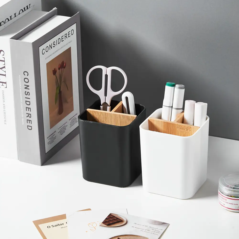 Removable Bamboo & Wood Pen Holder 9x9x11cm White — feature 2