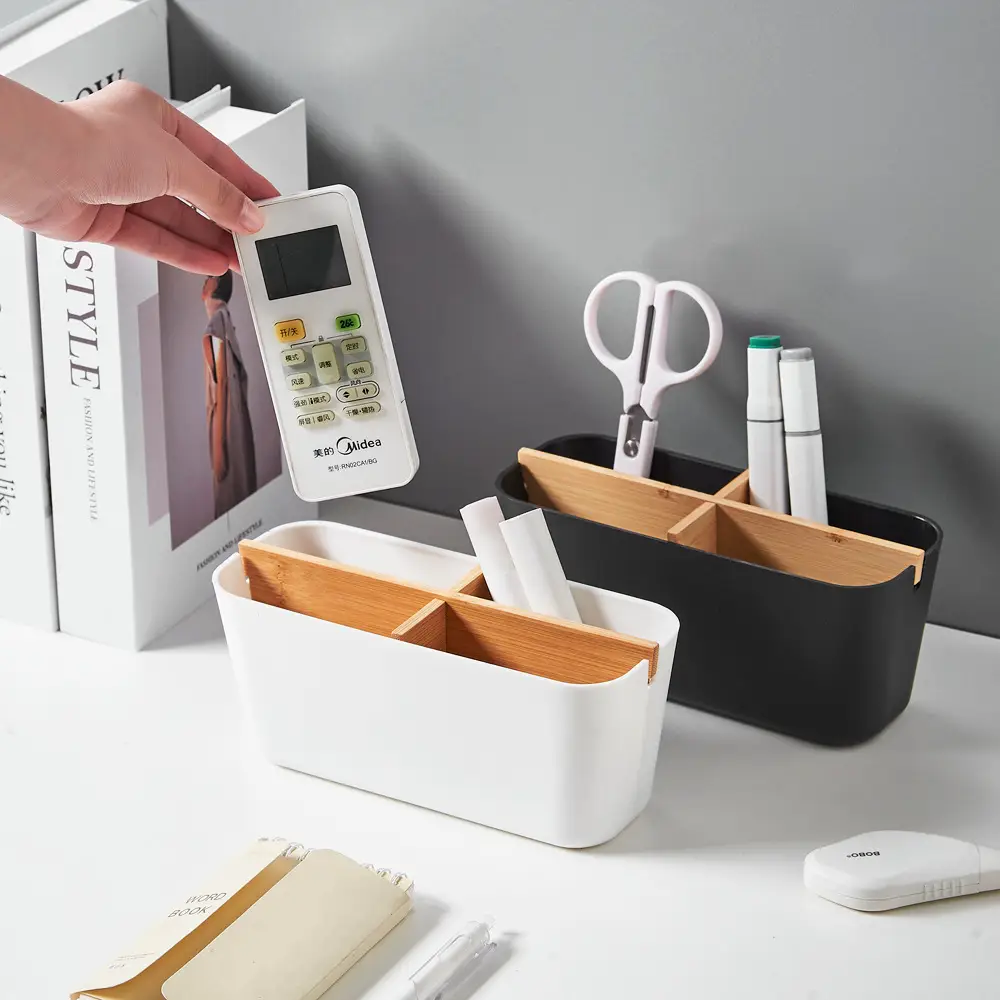 Removable Bamboo & Wood Pen Holder 9x9x11cm White — feature 4