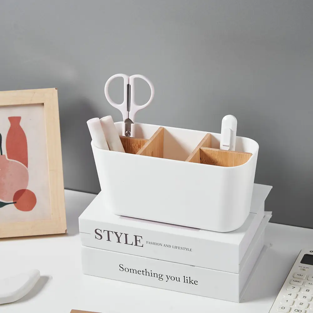 Removable Bamboo & Wood Pen Holder 9x9x11cm White — feature 5
