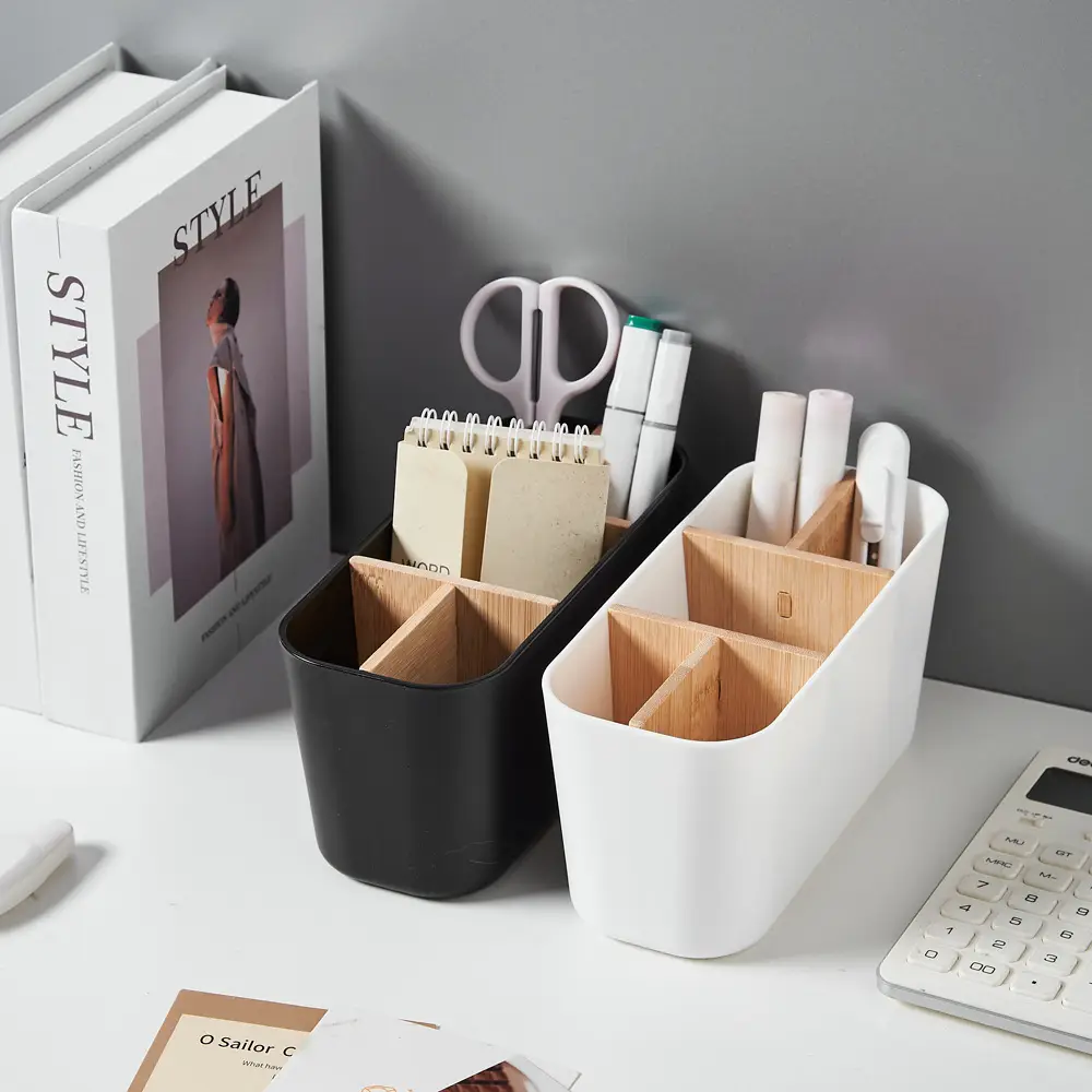 Removable Bamboo & Wood Pen Holder 9x9x11cm White — feature 6