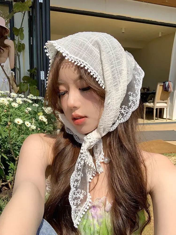 White Lace Triangle Headscarf for Women — feature 11