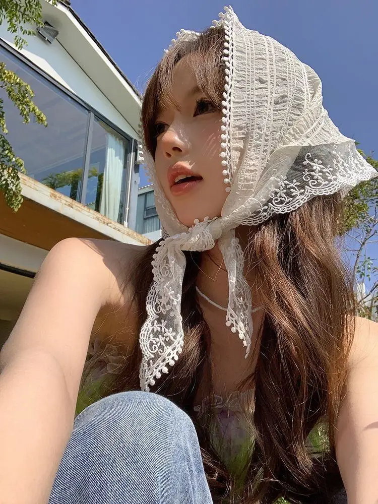 White Lace Triangle Headscarf for Women — feature 12