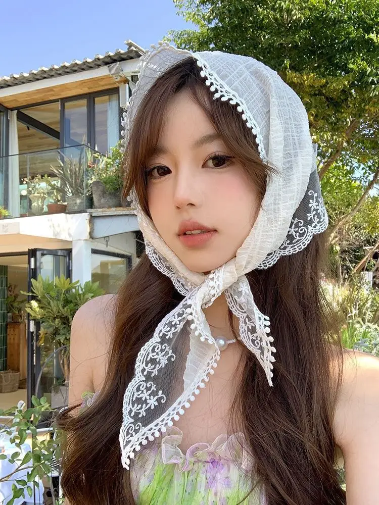 White Lace Triangle Headscarf for Women — feature 9