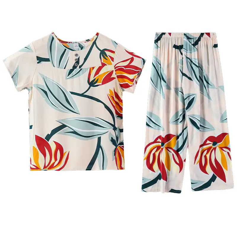Women's cotton silk pajamas summer thin short-sleeved loose home wear for middle-aged and elderly mothers two-piece set plus size can be worn outside