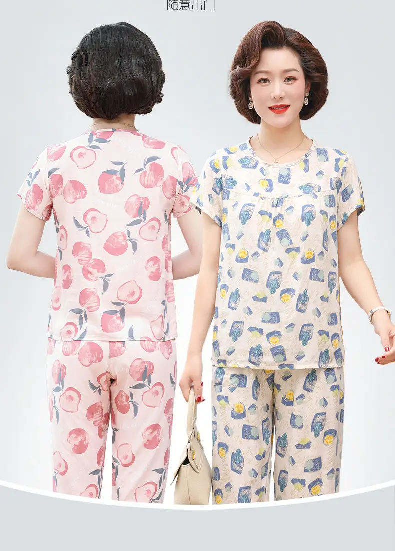 Women's cotton silk pajamas summer thin short-sleeved loose home wear for middle-aged and elderly mothers two-piece set plus size can be worn outside — feature 11