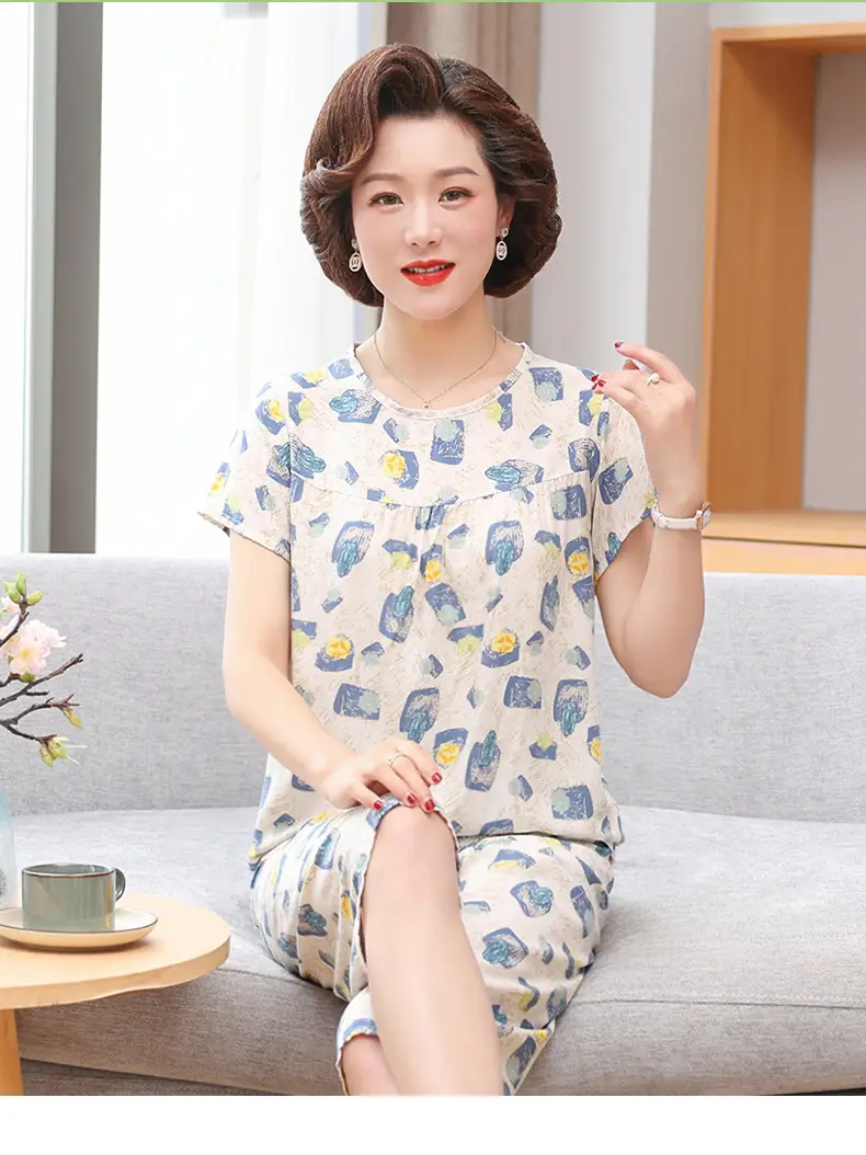 Women's cotton silk pajamas summer thin short-sleeved loose home wear for middle-aged and elderly mothers two-piece set plus size can be worn outside — feature 16