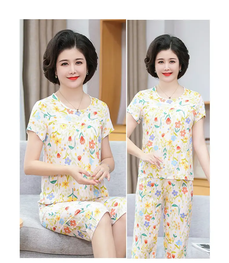 Women's cotton silk pajamas summer thin short-sleeved loose home wear for middle-aged and elderly mothers two-piece set plus size can be worn outside — feature 17