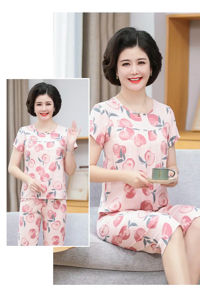 Women's cotton silk pajamas summer thin short-sleeved loose home wear for middle-aged and elderly mothers two-piece set plus size can be worn outside — feature 18