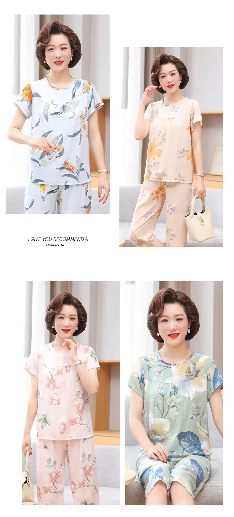 Women's cotton silk pajamas summer thin short-sleeved loose home wear for middle-aged and elderly mothers two-piece set plus size can be worn outside — feature 19