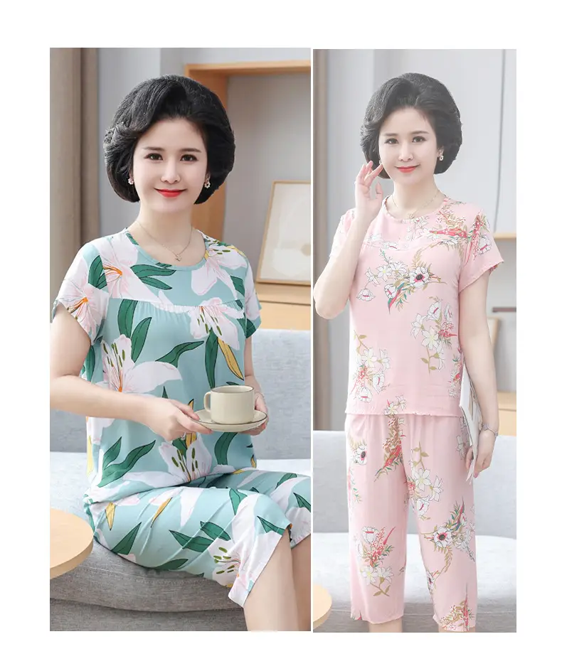 Women's cotton silk pajamas summer thin short-sleeved loose home wear for middle-aged and elderly mothers two-piece set plus size can be worn outside — feature 20