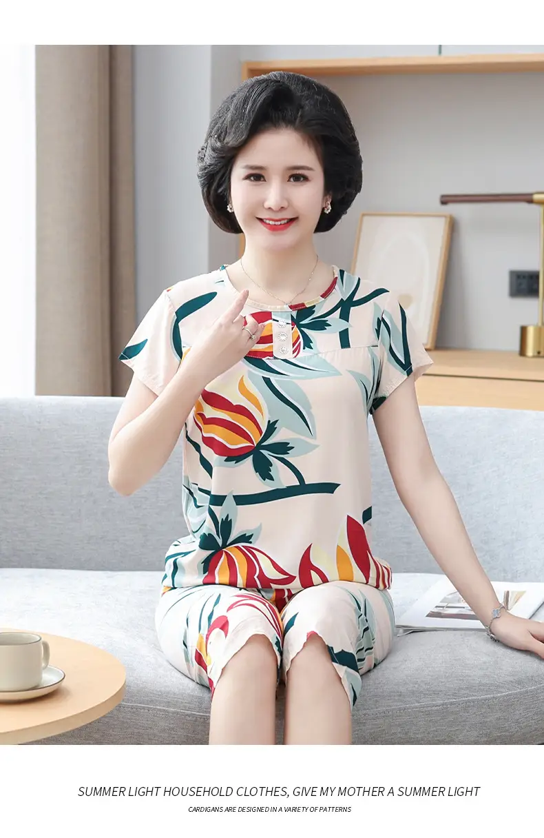 Women's cotton silk pajamas summer thin short-sleeved loose home wear for middle-aged and elderly mothers two-piece set plus size can be worn outside — feature 21