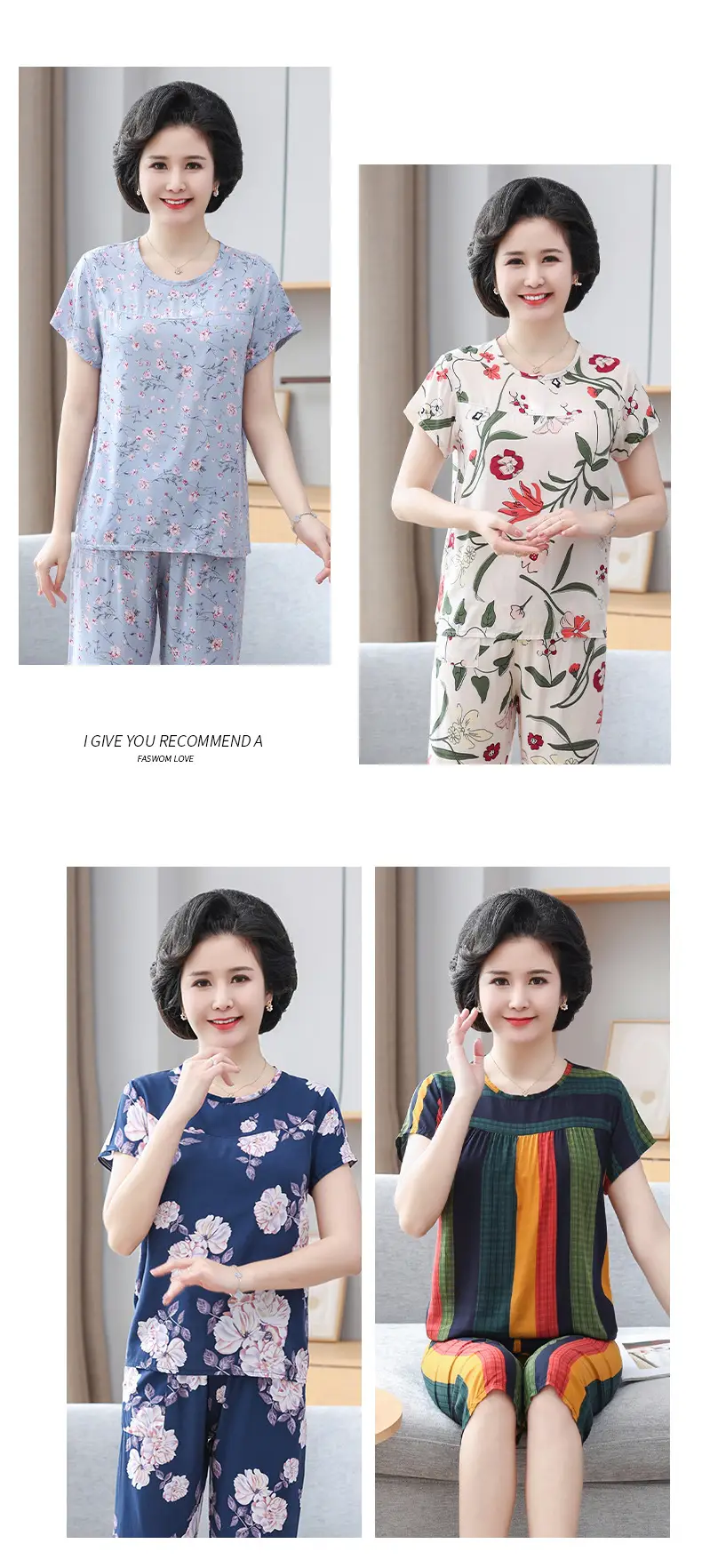 Women's cotton silk pajamas summer thin short-sleeved loose home wear for middle-aged and elderly mothers two-piece set plus size can be worn outside — feature 22