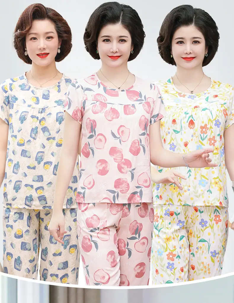 Women's cotton silk pajamas summer thin short-sleeved loose home wear for middle-aged and elderly mothers two-piece set plus size can be worn outside — feature 9