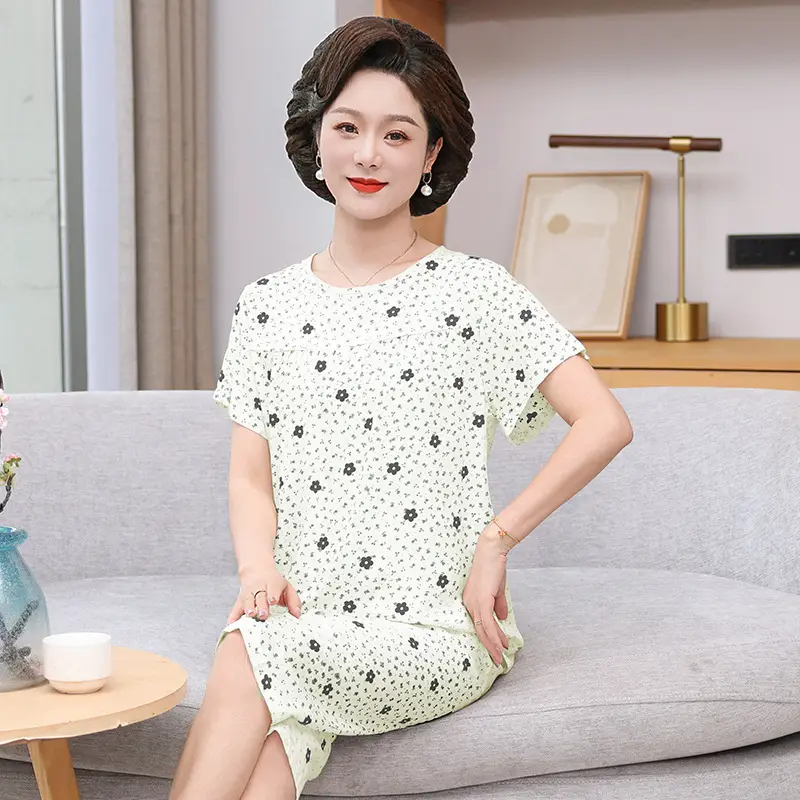 Women's cotton silk pajamas summer thin short-sleeved loose home wear for middle-aged and elderly mothers two-piece set plus size can be worn outside