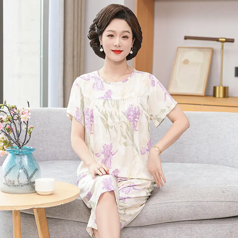 Women's cotton silk pajamas summer thin short-sleeved loose home wear for middle-aged and elderly mothers two-piece set plus size can be worn outside