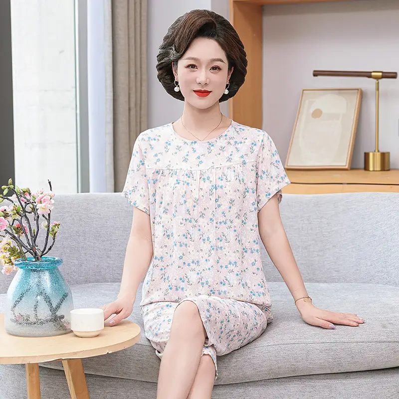 Women's cotton silk pajamas summer thin short-sleeved loose home wear for middle-aged and elderly mothers two-piece set plus size can be worn outside
