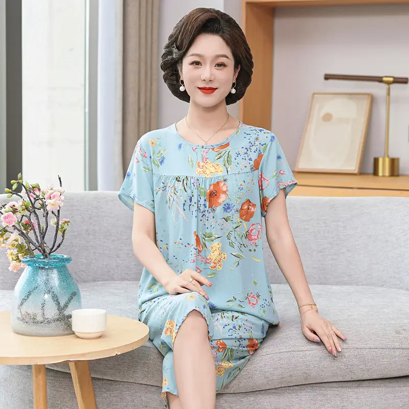 Women's cotton silk pajamas summer thin short-sleeved loose home wear for middle-aged and elderly mothers two-piece set plus size can be worn outside