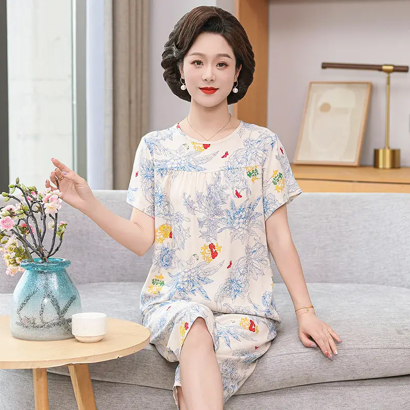 Women's cotton silk pajamas summer thin short-sleeved loose home wear for middle-aged and elderly mothers two-piece set plus size can be worn outside