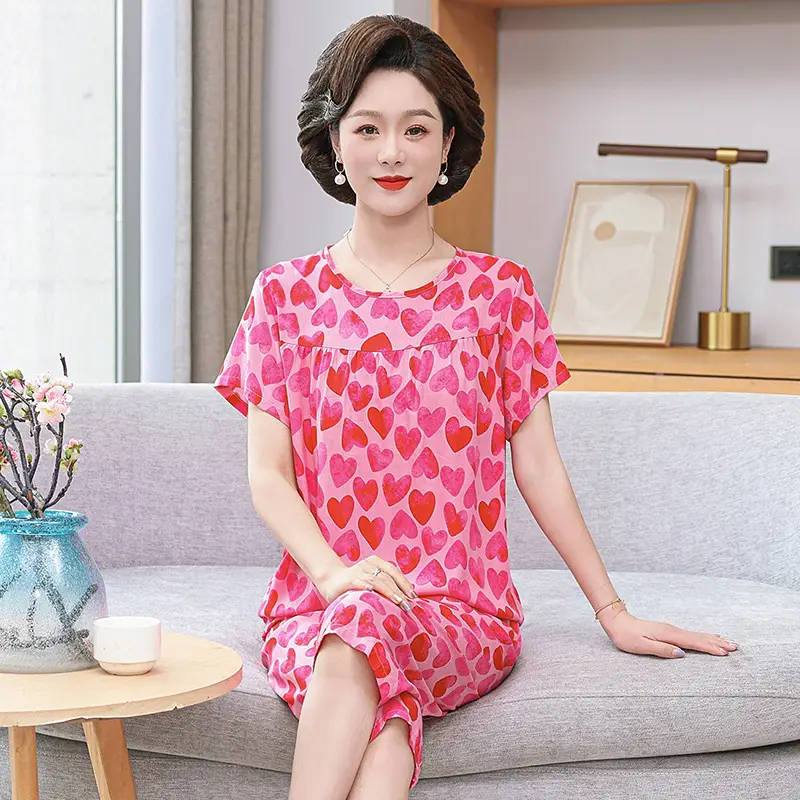 Women's cotton silk pajamas summer thin short-sleeved loose home wear for middle-aged and elderly mothers two-piece set plus size can be worn outside