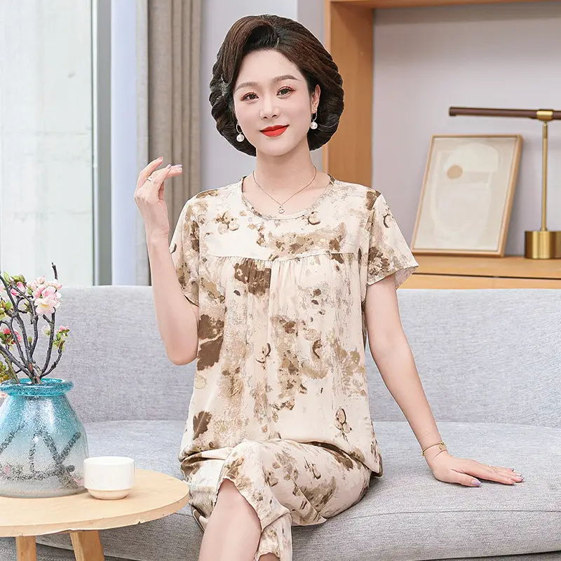 Women's cotton silk pajamas summer thin short-sleeved loose home wear for middle-aged and elderly mothers two-piece set plus size can be worn outside