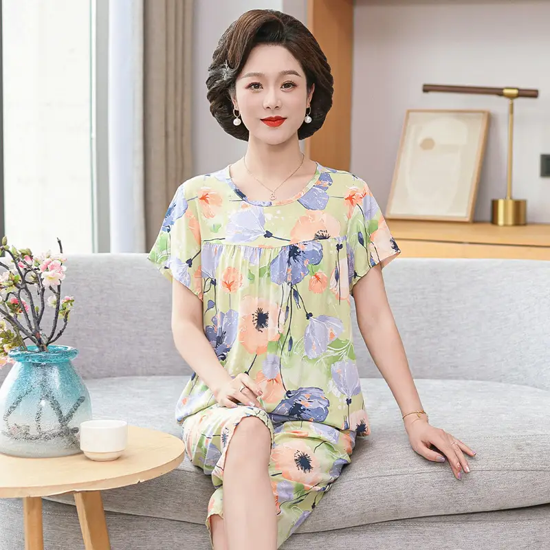 Women's cotton silk pajamas summer thin short-sleeved loose home wear for middle-aged and elderly mothers two-piece set plus size can be worn outside