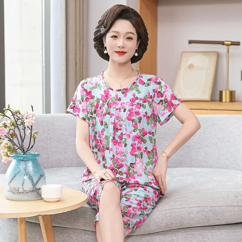 Women's cotton silk pajamas summer thin short-sleeved loose home wear for middle-aged and elderly mothers two-piece set plus size can be worn outside