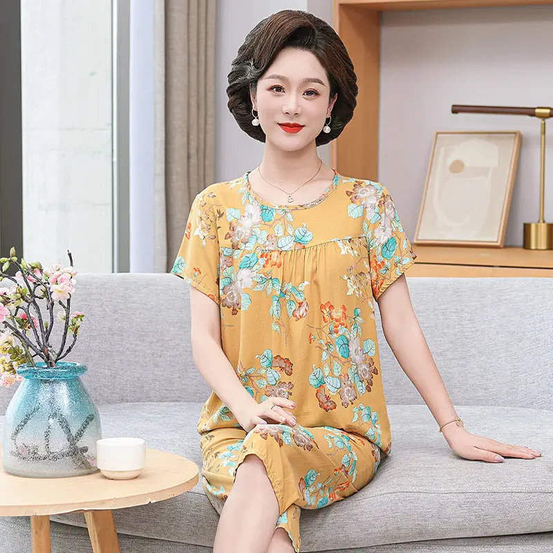 Women's cotton silk pajamas summer thin short-sleeved loose home wear for middle-aged and elderly mothers two-piece set plus size can be worn outside