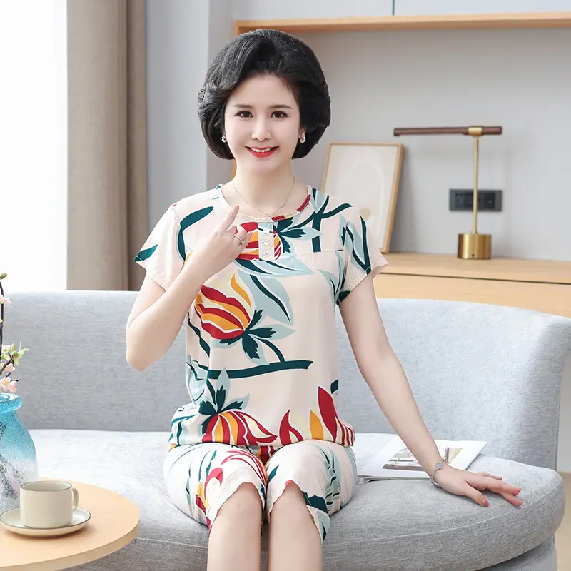 Women's cotton silk pajamas summer thin short-sleeved loose home wear for middle-aged and elderly mothers two-piece set plus size can be worn outside