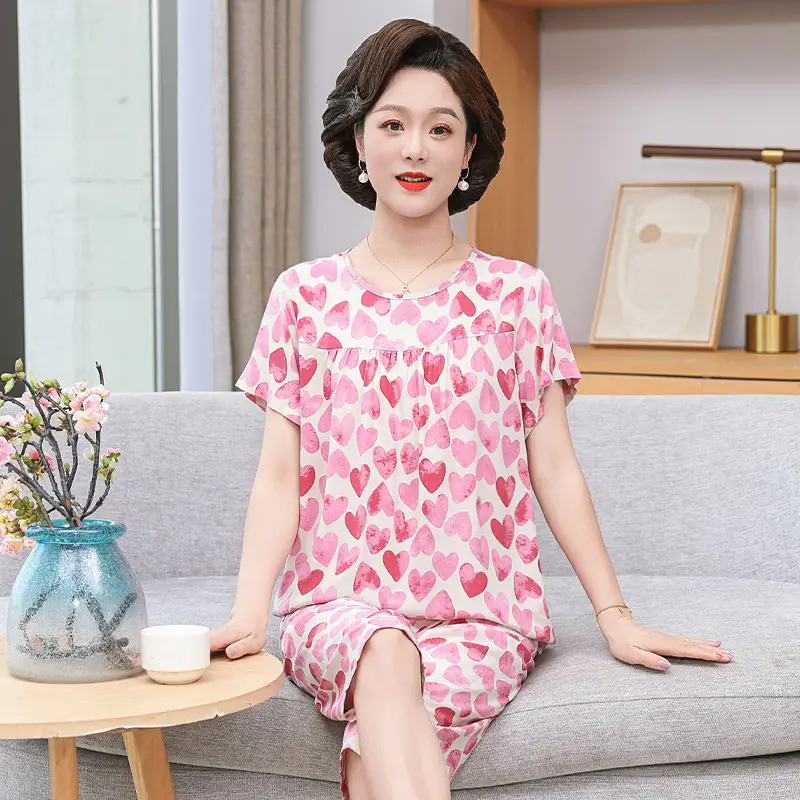 Women's cotton silk pajamas summer thin short-sleeved loose home wear for middle-aged and elderly mothers two-piece set plus size can be worn outside