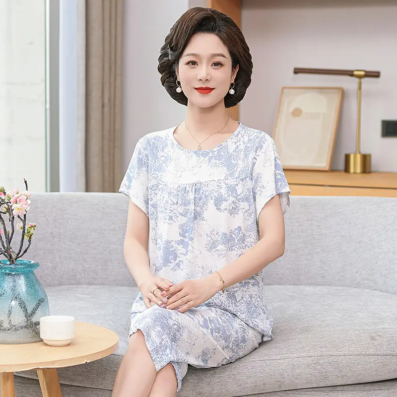 Women's cotton silk pajamas summer thin short-sleeved loose home wear for middle-aged and elderly mothers two-piece set plus size can be worn outside