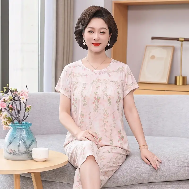 Women's cotton silk pajamas summer thin short-sleeved loose home wear for middle-aged and elderly mothers two-piece set plus size can be worn outside
