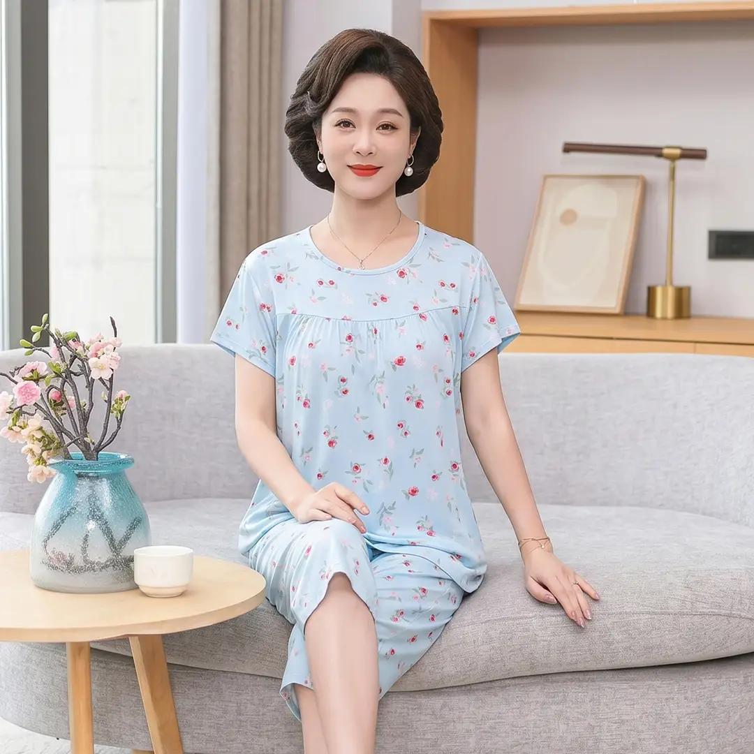 Women's cotton silk pajamas summer thin short-sleeved loose home wear for middle-aged and elderly mothers two-piece set plus size can be worn outside