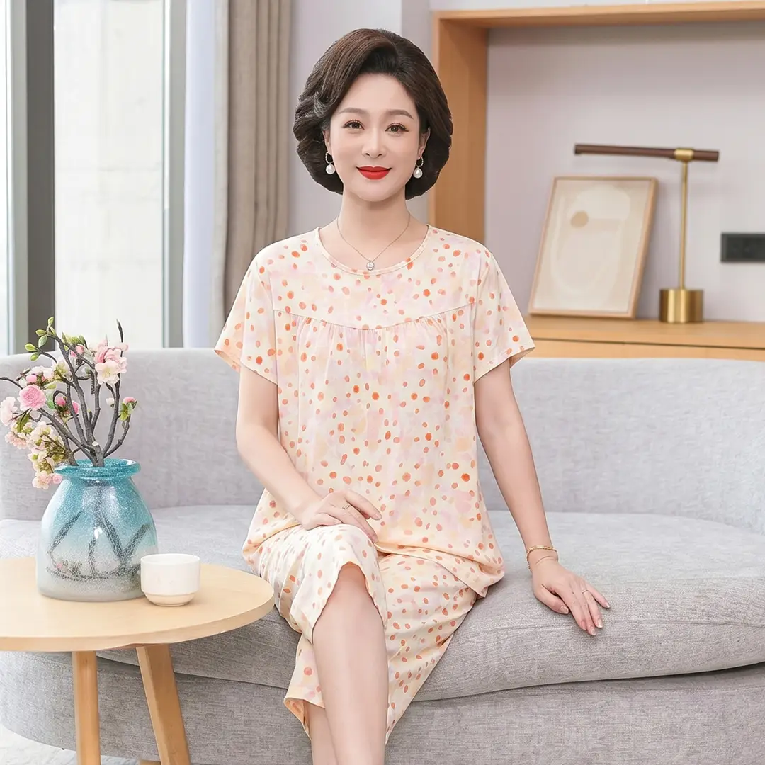 Women's cotton silk pajamas summer thin short-sleeved loose home wear for middle-aged and elderly mothers two-piece set plus size can be worn outside