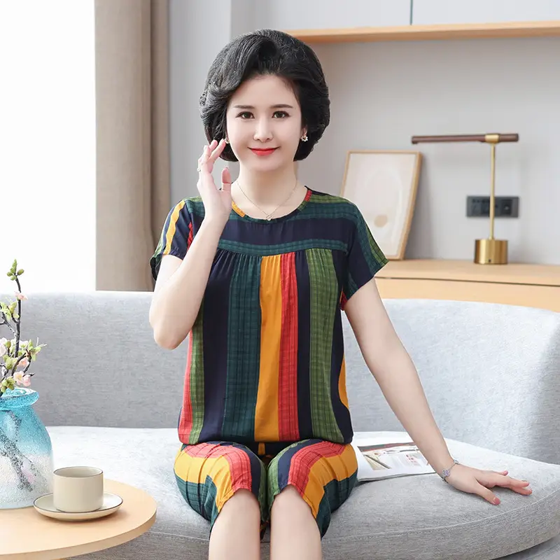 Women's cotton silk pajamas summer thin short-sleeved loose home wear for middle-aged and elderly mothers two-piece set plus size can be worn outside
