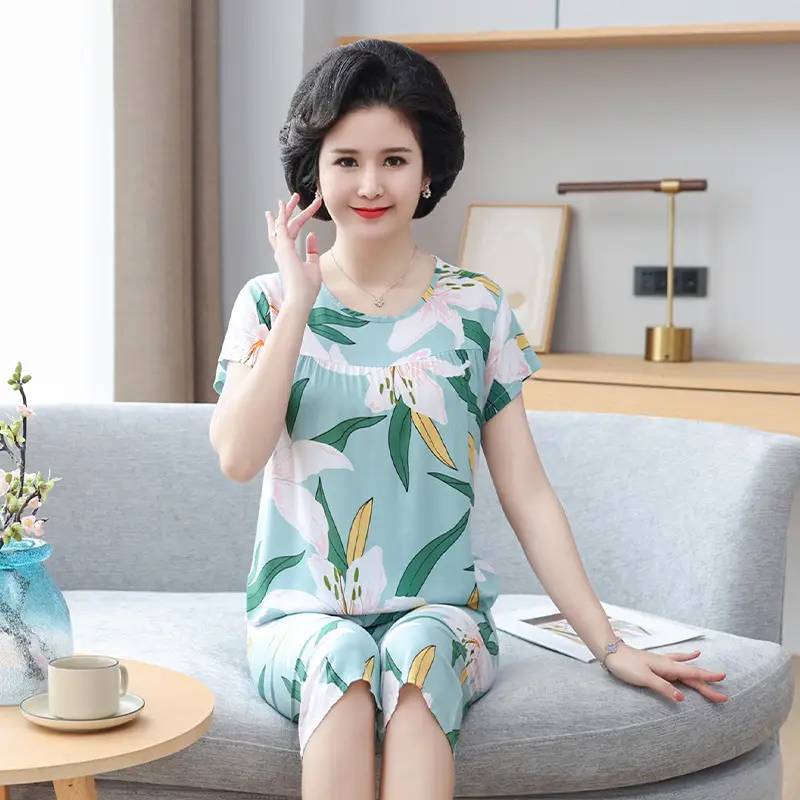 Women's cotton silk pajamas summer thin short-sleeved loose home wear for middle-aged and elderly mothers two-piece set plus size can be worn outside