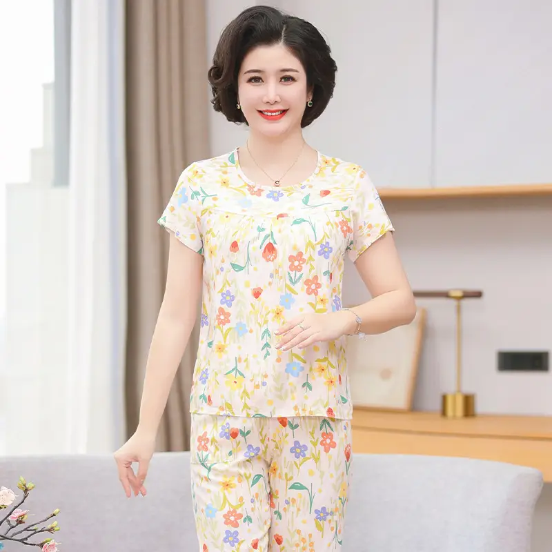 Women's cotton silk pajamas summer thin short-sleeved loose home wear for middle-aged and elderly mothers two-piece set plus size can be worn outside