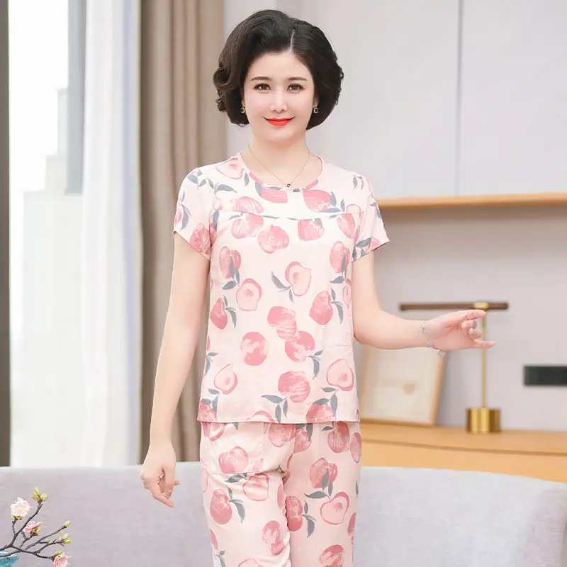 Women's cotton silk pajamas summer thin short-sleeved loose home wear for middle-aged and elderly mothers two-piece set plus size can be worn outside