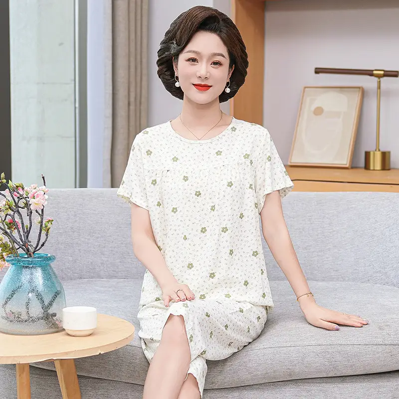 Women's cotton silk pajamas summer thin short-sleeved loose home wear for middle-aged and elderly mothers two-piece set plus size can be worn outside