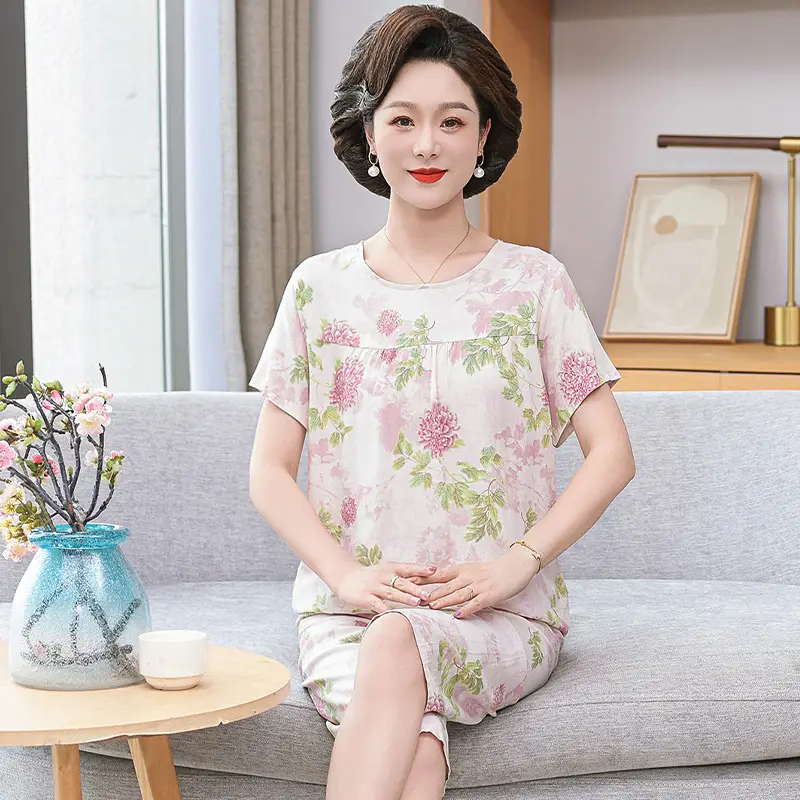 Women's cotton silk pajamas summer thin short-sleeved loose home wear for middle-aged and elderly mothers two-piece set plus size can be worn outside