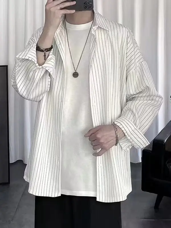 Long Sleeve Striped Shirt Men's White Black Casual Top