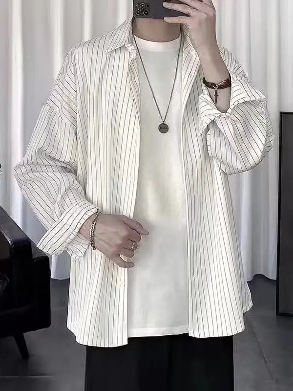 Long Sleeve Striped Shirt Men's White Black Casual Top
