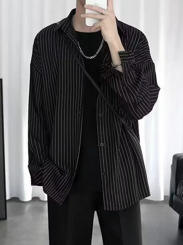 Long Sleeve Striped Shirt Men's White Black Casual Top