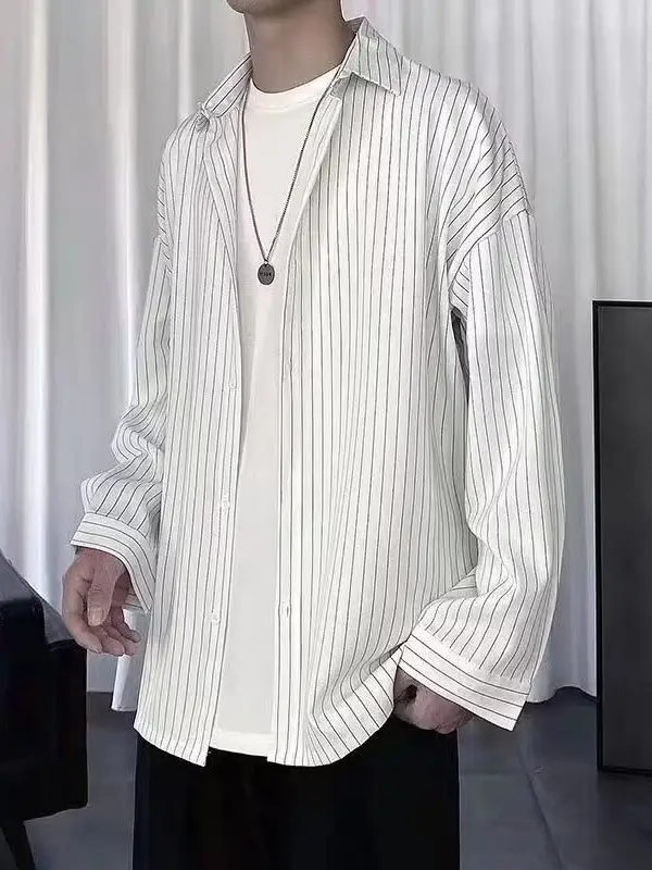 Long Sleeve Striped Shirt Men's White Black Casual Top