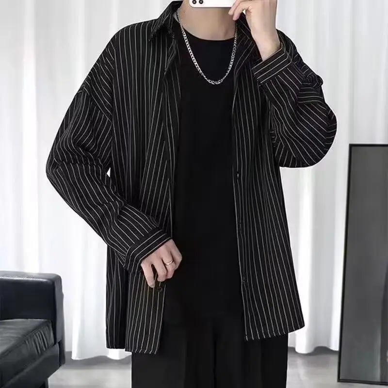 Long Sleeve Striped Shirt Men's White Black Casual Top — feature 10