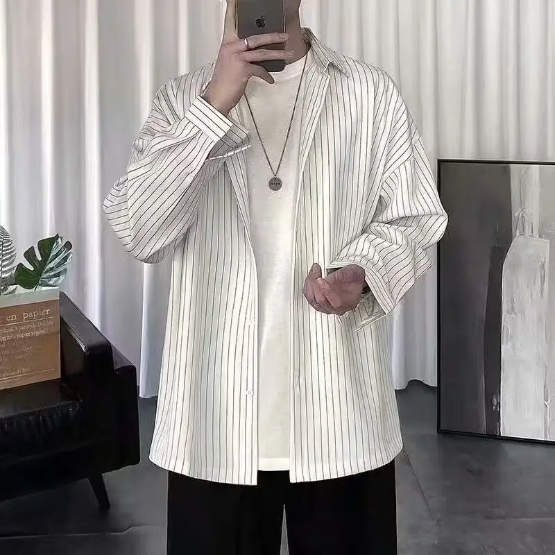 Long Sleeve Striped Shirt Men's White Black Casual Top — feature 11