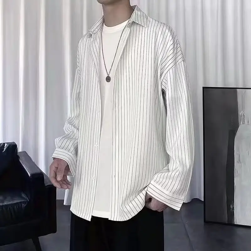 Long Sleeve Striped Shirt Men's White Black Casual Top — feature 12